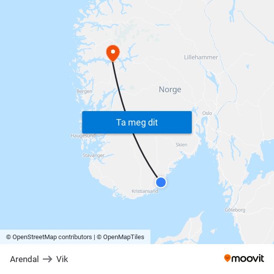 Arendal to Vik map