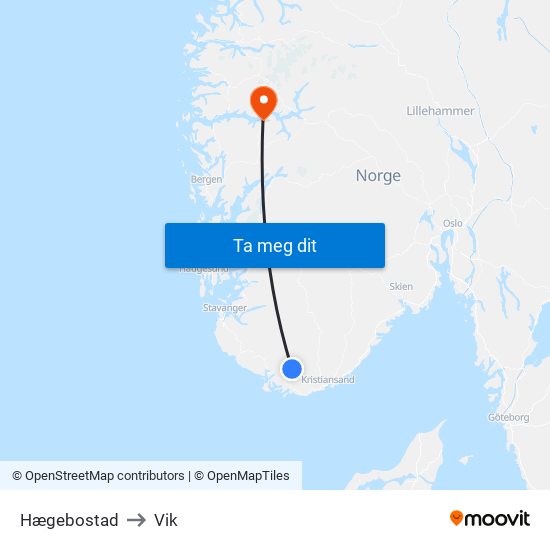 Hægebostad to Vik map