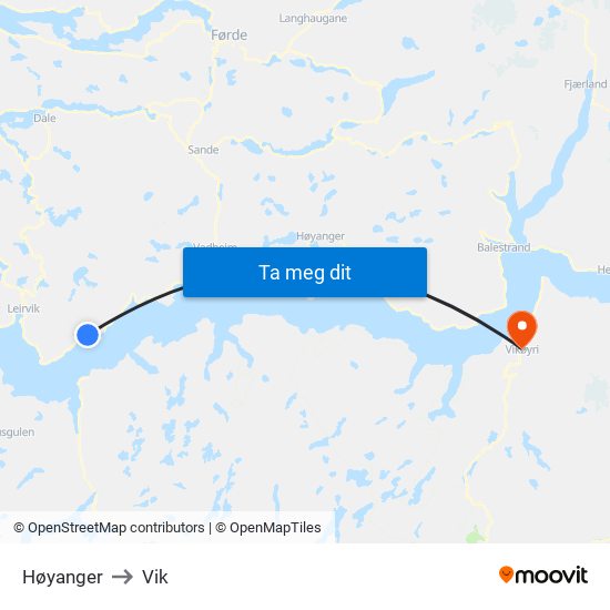 Høyanger to Vik map