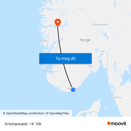 Kristiansand to Vik map