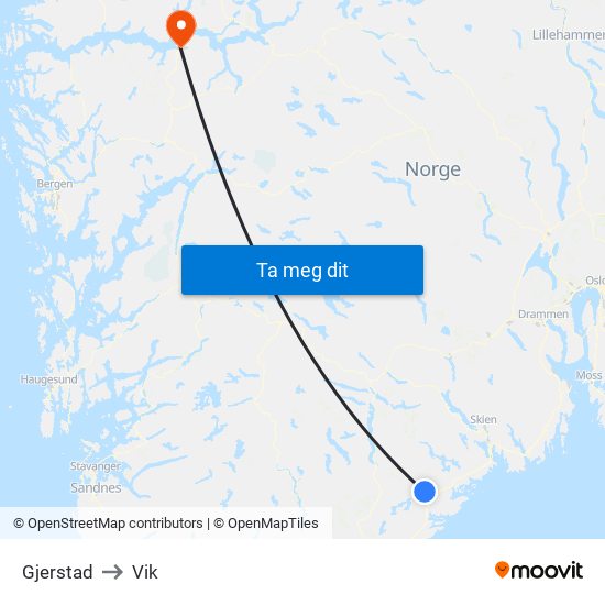 Gjerstad to Vik map