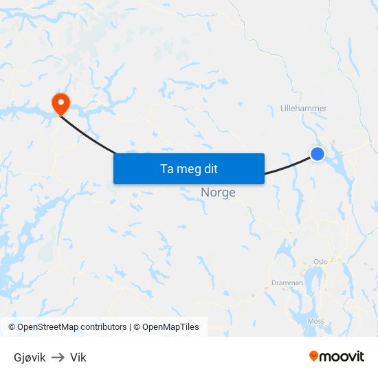 Gjøvik to Vik map