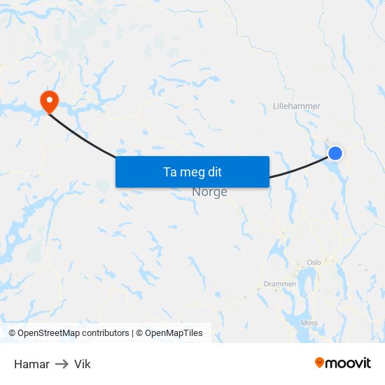 Hamar to Vik map