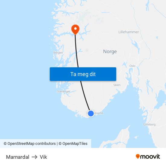 Marnardal to Vik map