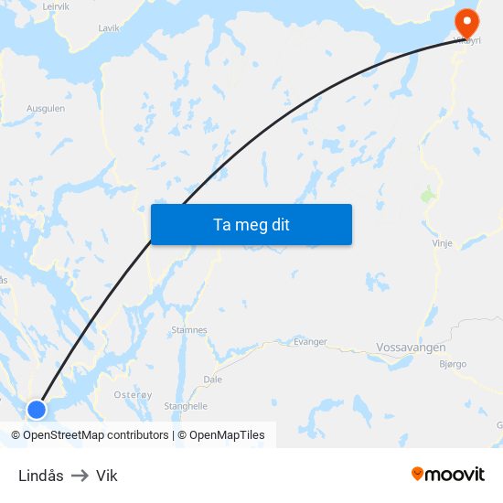 Lindås to Vik map