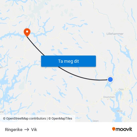 Ringerike to Vik map