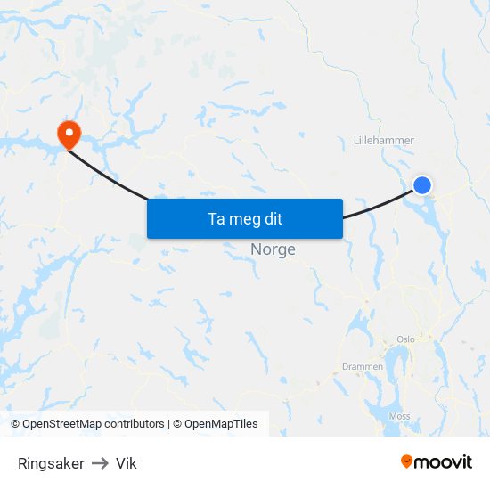 Ringsaker to Vik map