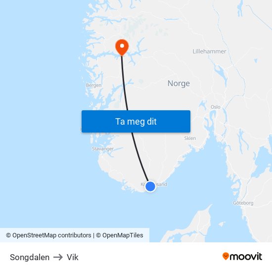 Songdalen to Vik map