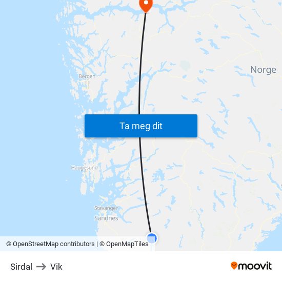 Sirdal to Vik map