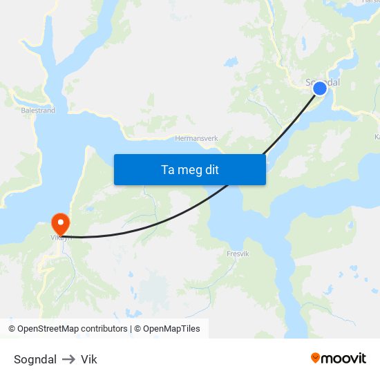 Sogndal to Vik map