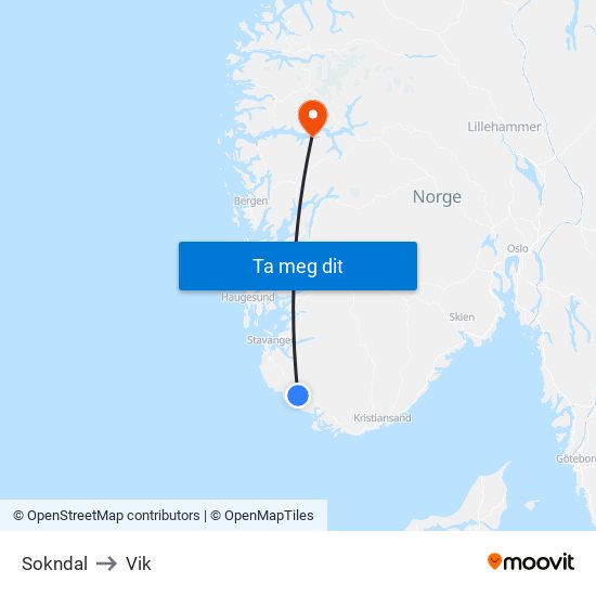 Sokndal to Vik map