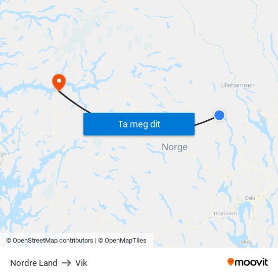 Nordre Land to Vik map