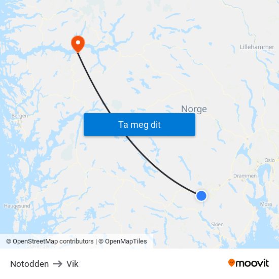 Notodden to Vik map