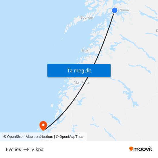 Evenes to Vikna map