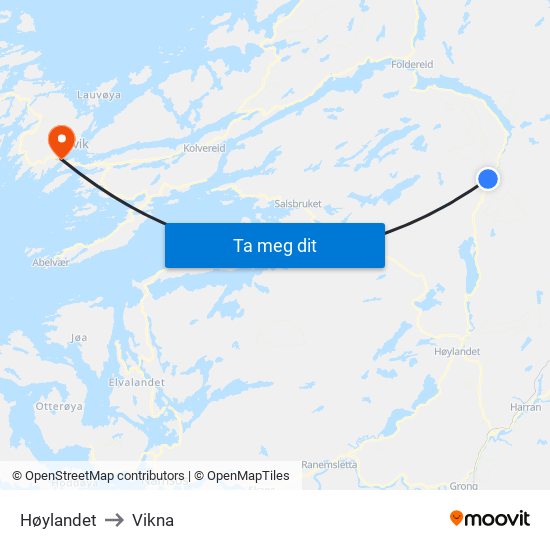 Høylandet to Vikna map