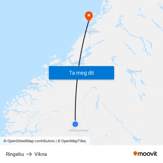 Ringebu to Vikna map