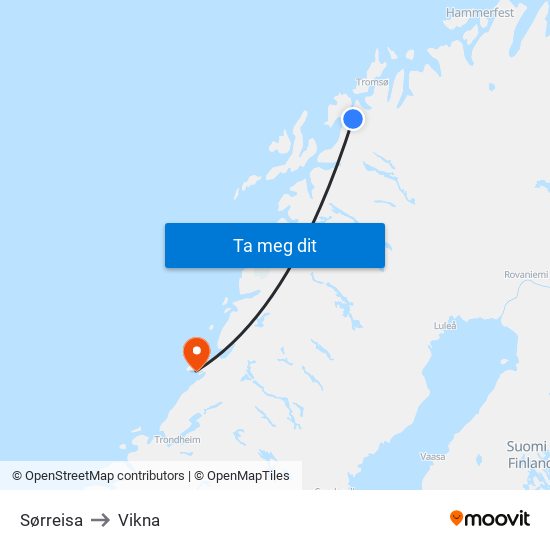 Sørreisa to Vikna map