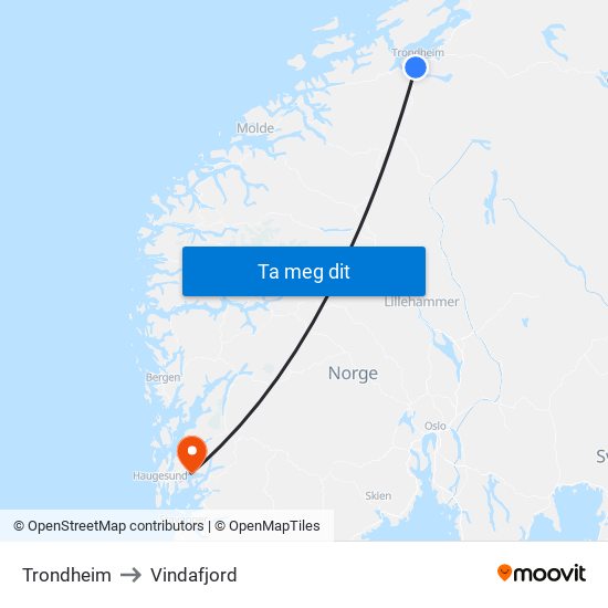 Trondheim to Vindafjord map