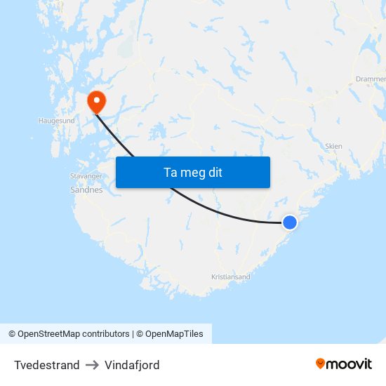 Tvedestrand to Vindafjord map