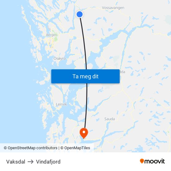 Vaksdal to Vindafjord map