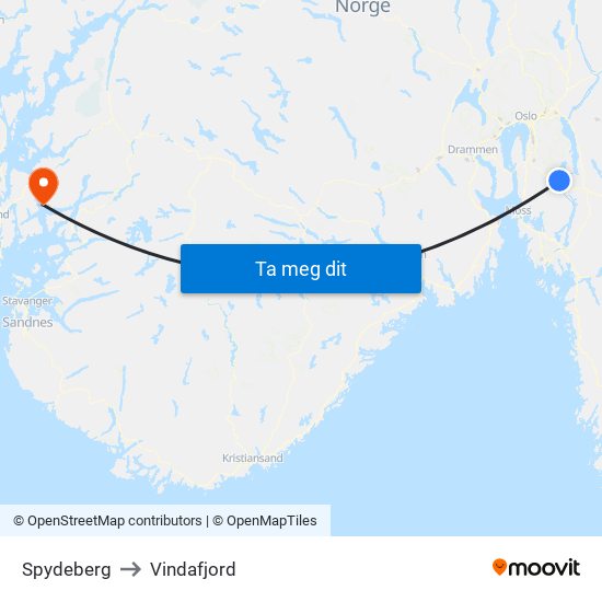 Spydeberg to Vindafjord map