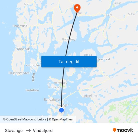 Stavanger to Vindafjord map