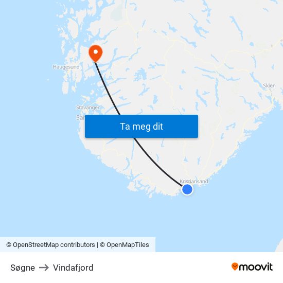 Søgne to Vindafjord map