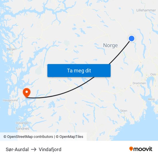 Sør-Aurdal to Vindafjord map