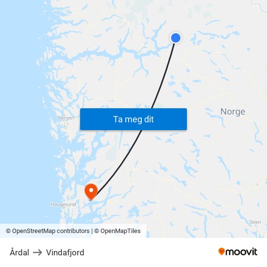 Årdal to Vindafjord map