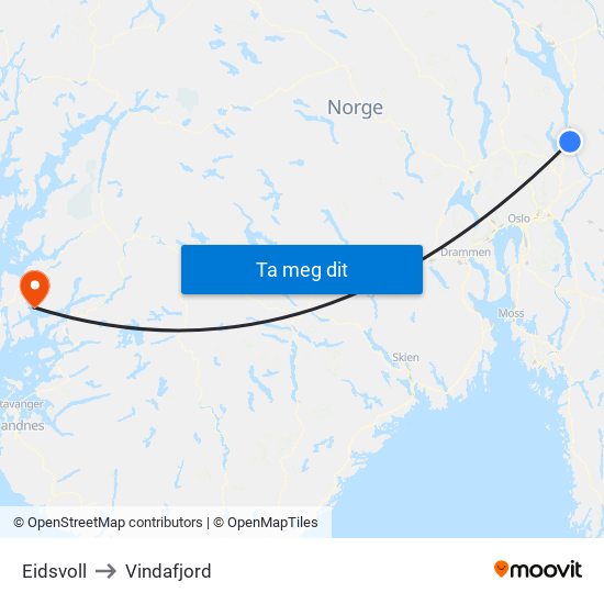 Eidsvoll to Vindafjord map
