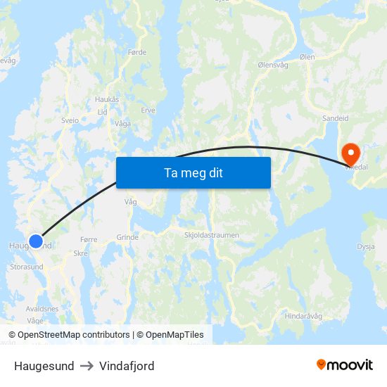 Haugesund to Vindafjord map