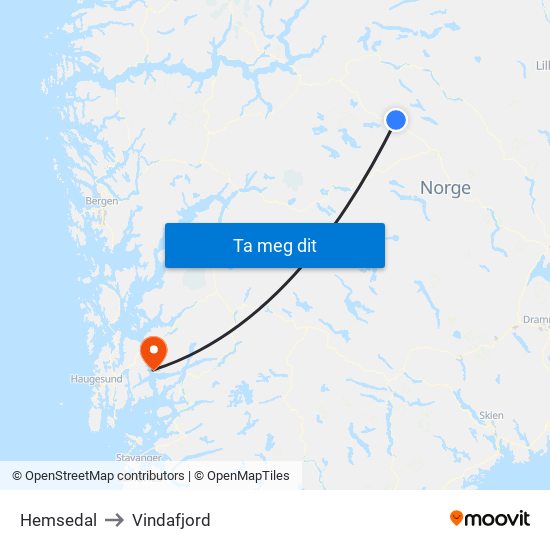 Hemsedal to Vindafjord map