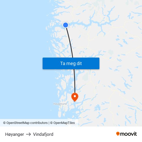 Høyanger to Vindafjord map