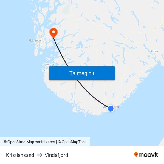 Kristiansand to Vindafjord map