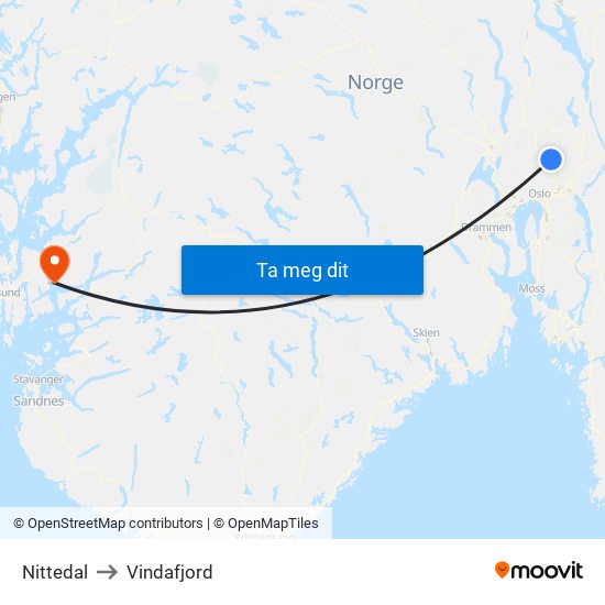 Nittedal to Vindafjord map