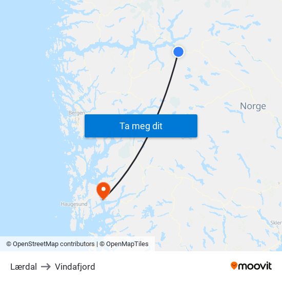 Lærdal to Vindafjord map