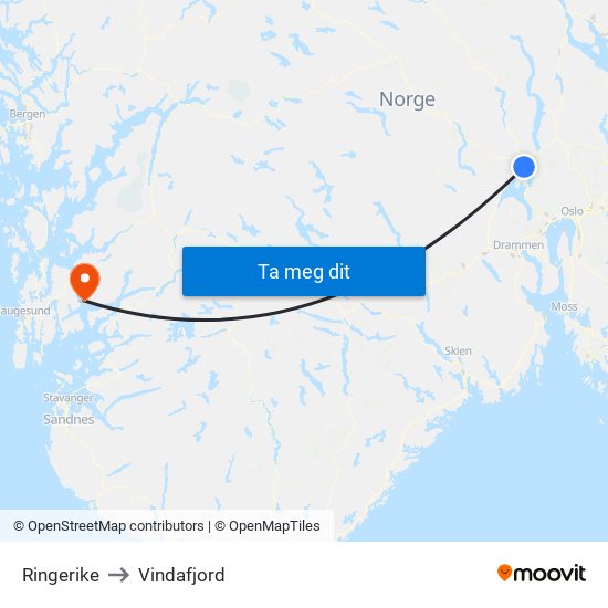 Ringerike to Vindafjord map