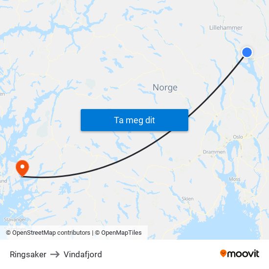 Ringsaker to Vindafjord map
