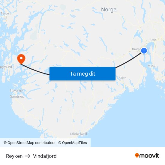 Røyken to Vindafjord map