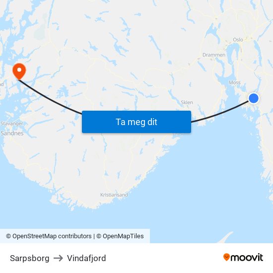 Sarpsborg to Vindafjord map