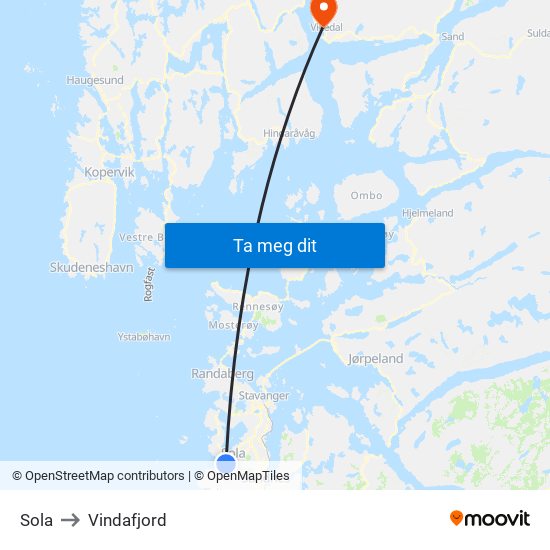 Sola to Vindafjord map