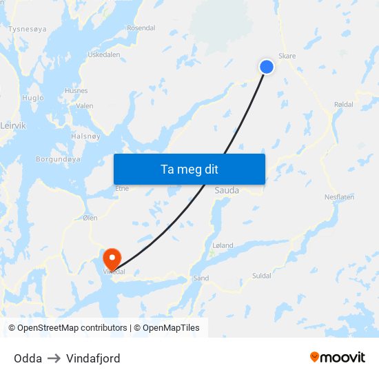 Odda to Vindafjord map