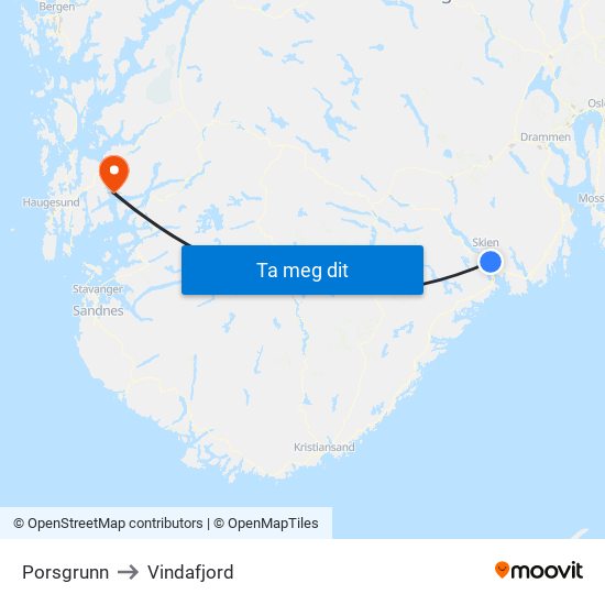 Porsgrunn to Vindafjord map