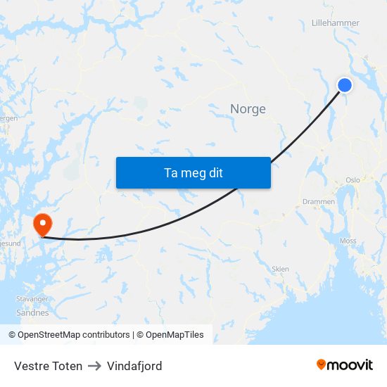 Vestre Toten to Vindafjord map