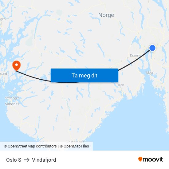 Oslo S to Vindafjord map