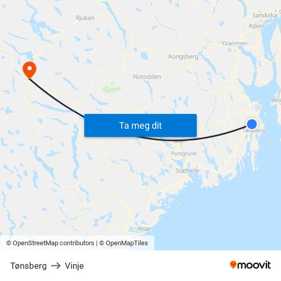 Tønsberg to Vinje map