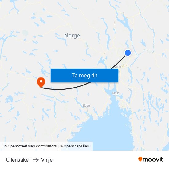 Ullensaker to Vinje map