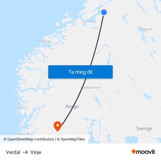 Verdal to Vinje map