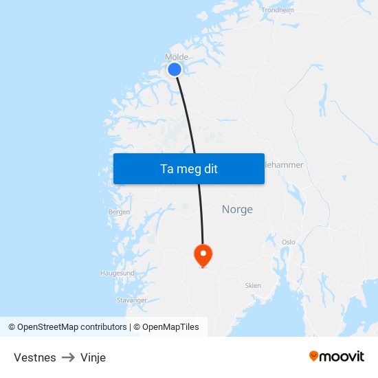 Vestnes to Vinje map