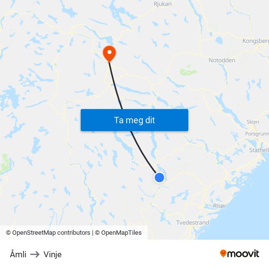 Åmli to Vinje map